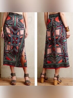 Anthropologie Coral, Teal & Black Printed Maxi Skirt